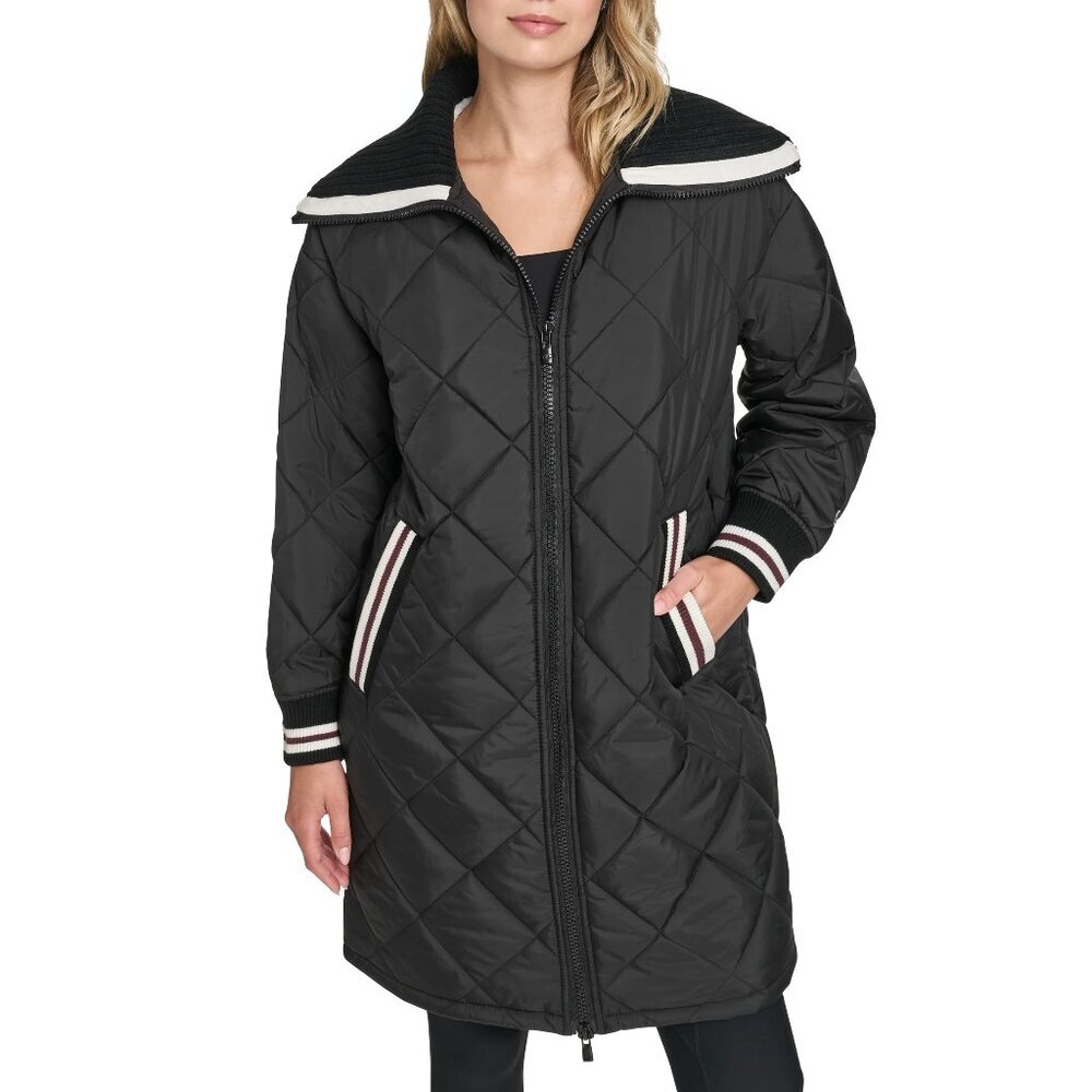 Mid-Length Diamond Quilted Shawl Collar Jacket Sporty Chic Layering Piece